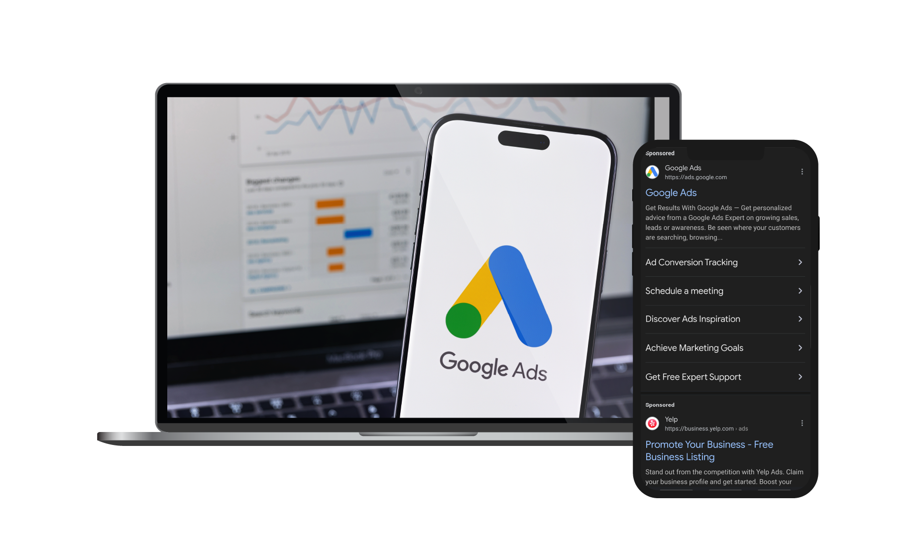 Laptop, smartphone, and chat screen showing Google Ads analytics on a white background