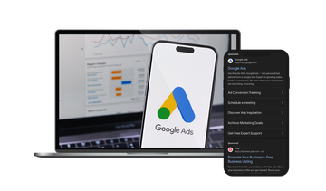 Laptop, smartphone, and chat screen showing Google Ads analytics on a white background