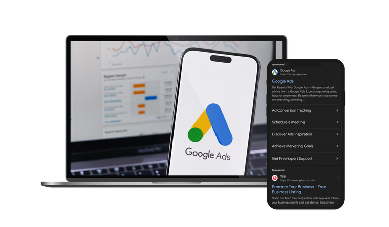 Laptop, smartphone, and chat screen showing Google Ads analytics on a white background
