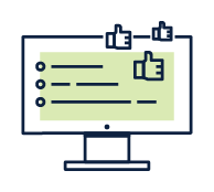 Computer monitor with checklist lines and thumbs-up icons, suggesting positive feedback or approval