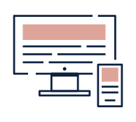 Desktop monitor and smartphone displaying a simple webpage layout in navy, pink, and white