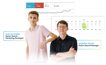 Two people standing in front of a stock market chart and profile cards on a white background