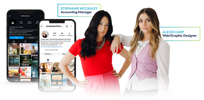 Two women beside smartphone app screenshots with chat labels and product tiles.