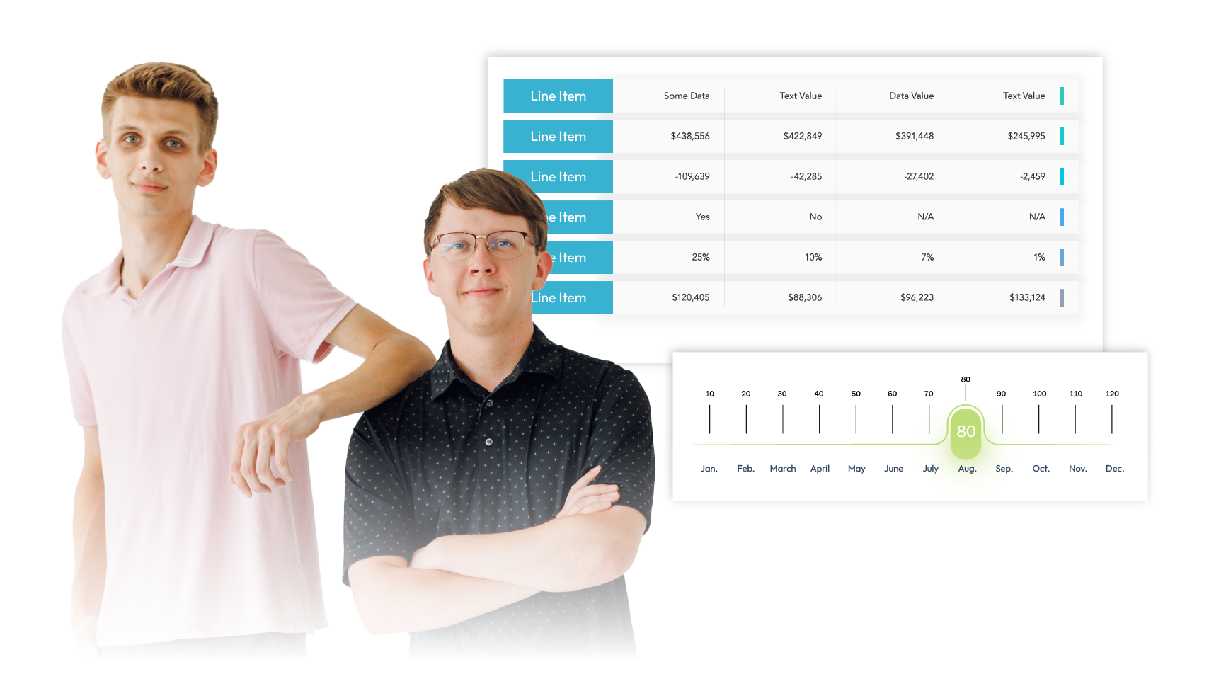 Two men standing in front of a dashboard with charts and a highlighted data point.