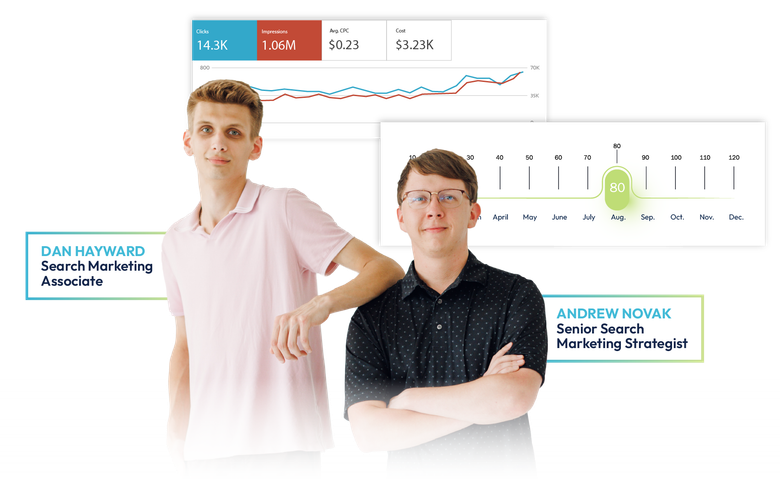 Two people standing in front of a stock market chart and profile cards on a white background
