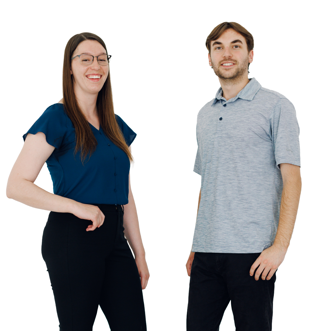 Two smiling people standing against a white background, wearing casual clothes.