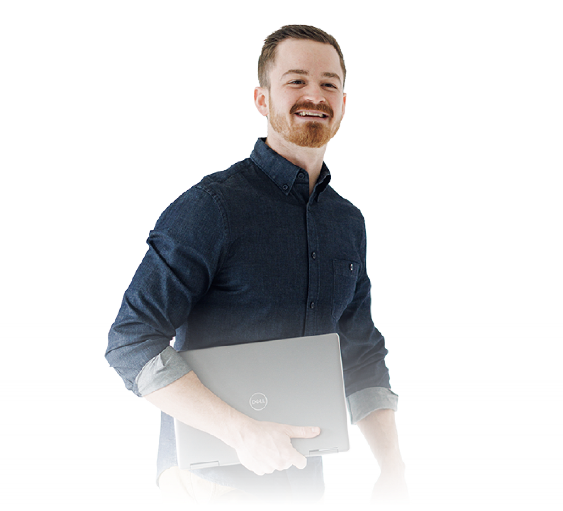 Smiling person in a dark shirt holding a laptop on a white background