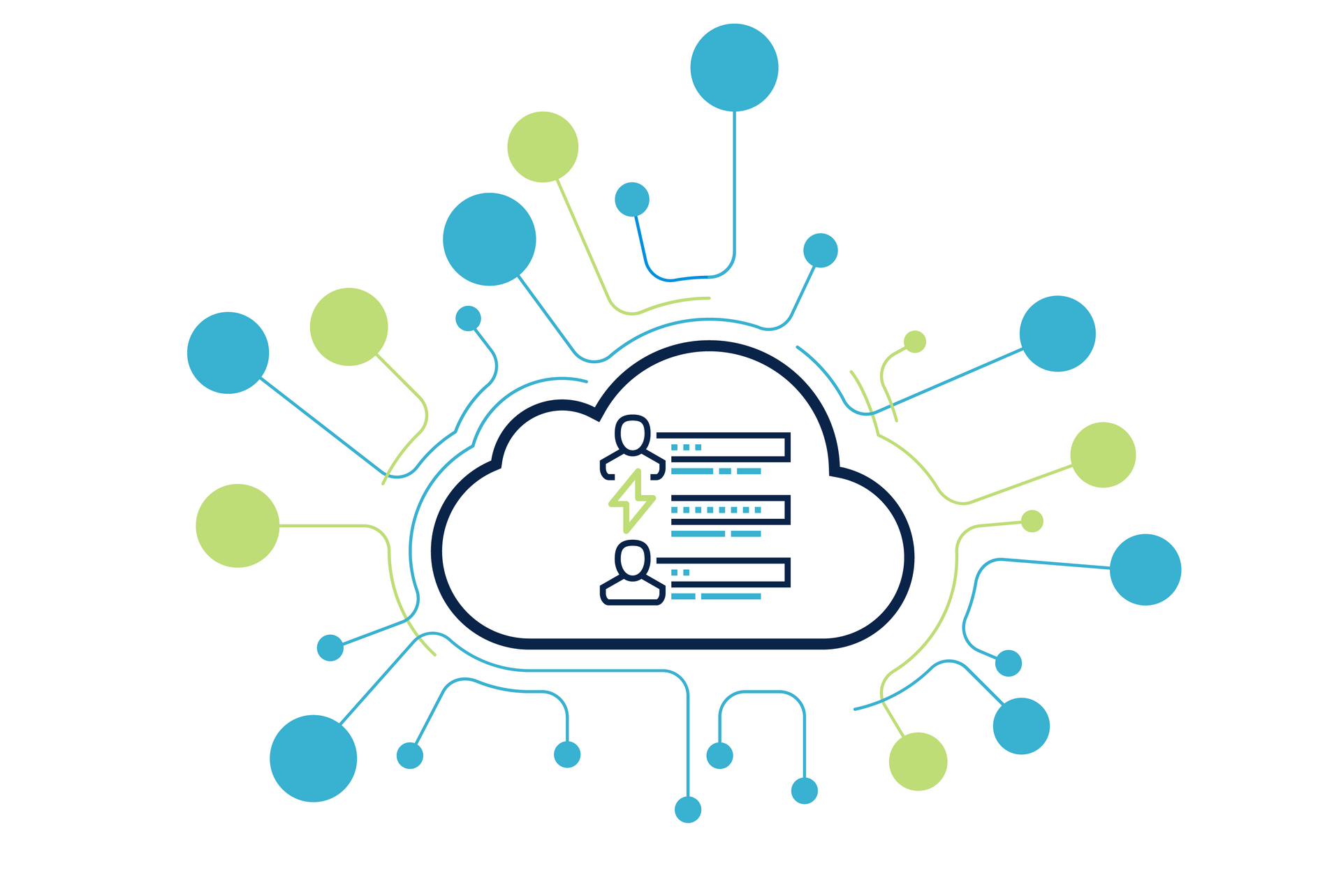 Cloud icon with user profiles and connected blue-green network nodes around it
