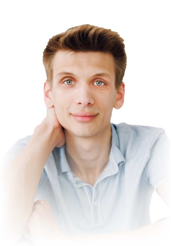 Portrait of a smiling person in a light shirt, resting their head on one hand against a white background