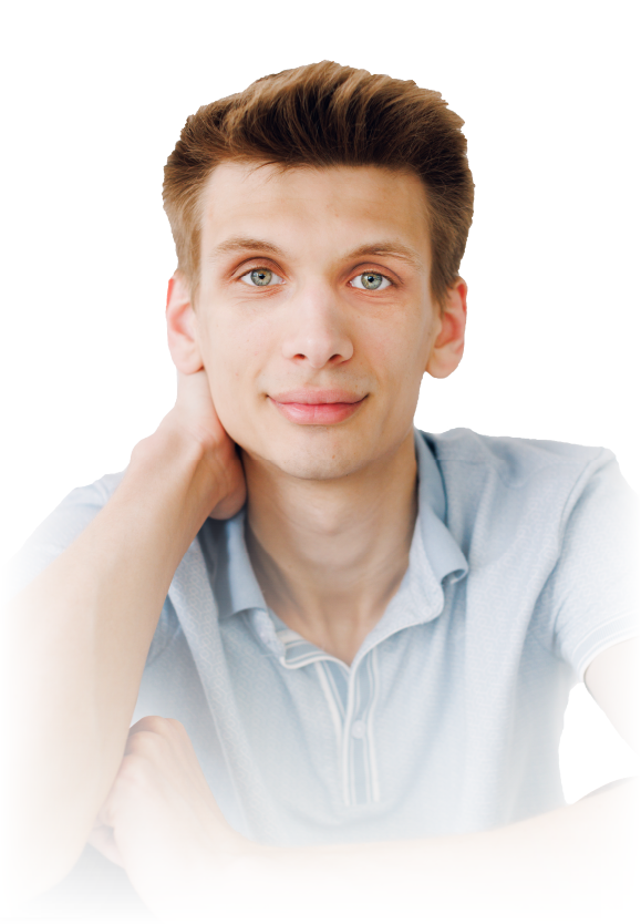 Portrait of a smiling person in a light shirt, resting their head on one hand against a white background