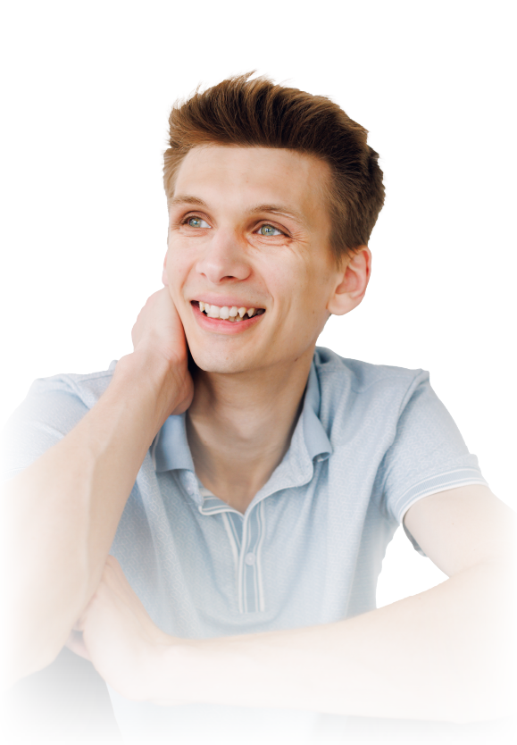 Smiling man in a light blue shirt looking upward and resting his hand on his neck