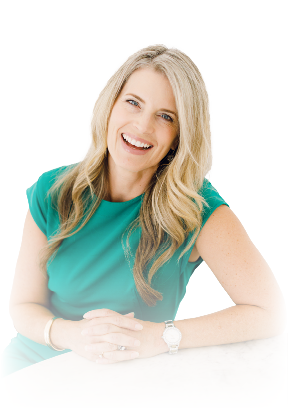Smiling woman in a teal top with long blonde hair against a white background