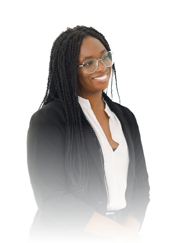 Smiling woman with glasses in a black blazer and white blouse on a white background