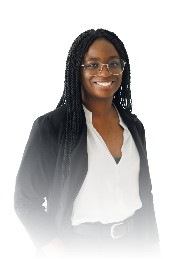 Smiling woman in glasses, black blazer, and white blouse against a white background