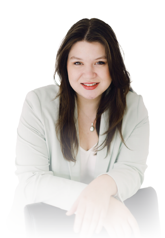 Smiling woman in a white blouse against a bright white background