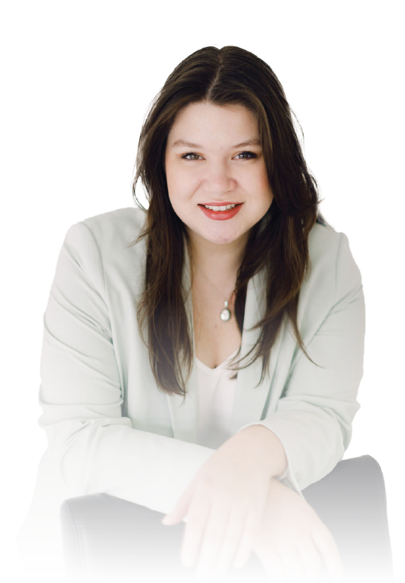 Smiling woman in a white blouse against a bright white background