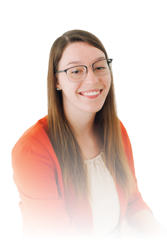 Smiling person with glasses and long hair in an orange cardigan on a white background