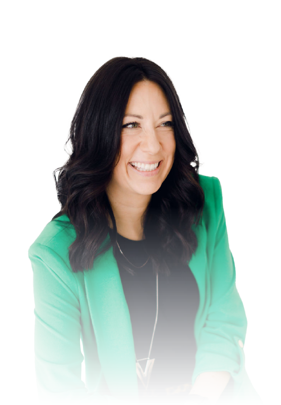 Smiling woman in a green blazer against a white background