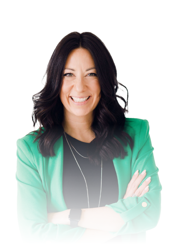 Smiling woman with dark hair, wearing a green blazer and black top, arms crossed against a white background