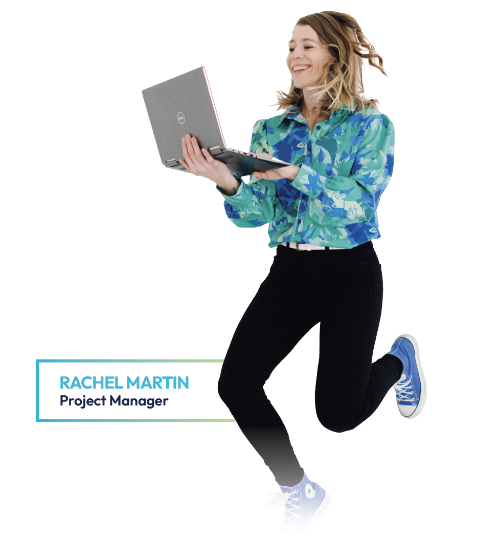 Woman in blue blouse and black pants jumping with a laptop and notebook, smiling on white background.