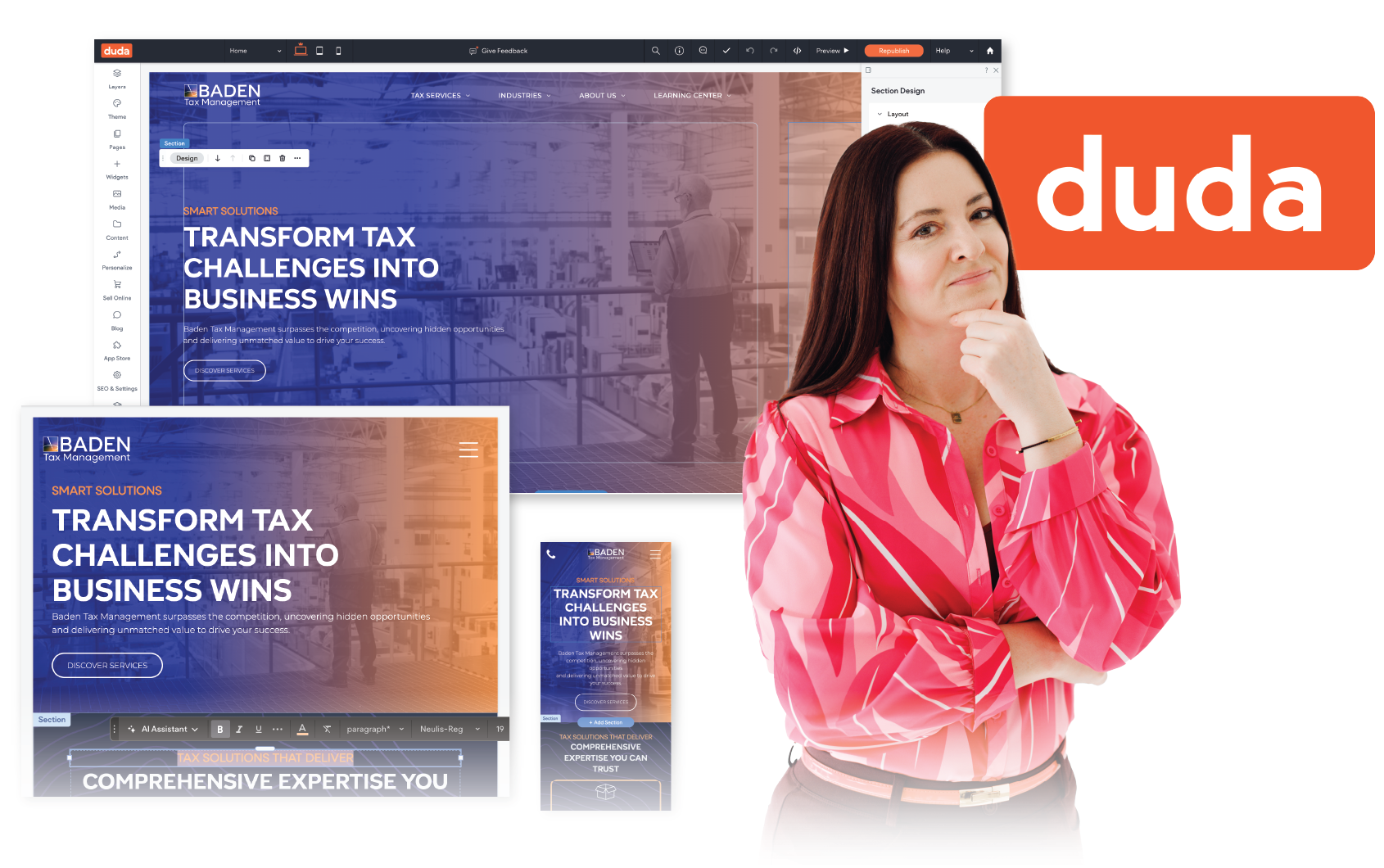 Duda website promo with a woman in a pink blouse beside screens showing “Transform Tax Challenges into Business Wins”
