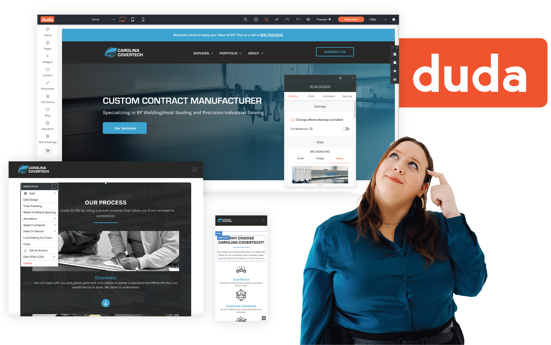 Website builder interface with orange Duda logo and a woman looking upward beside overlapping webpage mockups