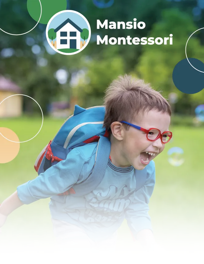 Child with red glasses and blue backpack laughing outdoors, with Mansio Montessori logo