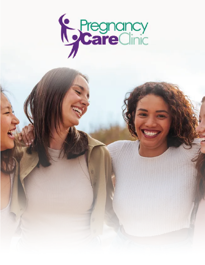 Pregnancy Care Clinic logo above three smiling people standing together outdoors