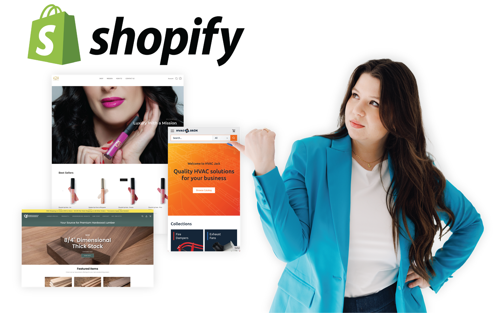 Shopify logo with a woman in a blue blazer beside a collage of website and product images