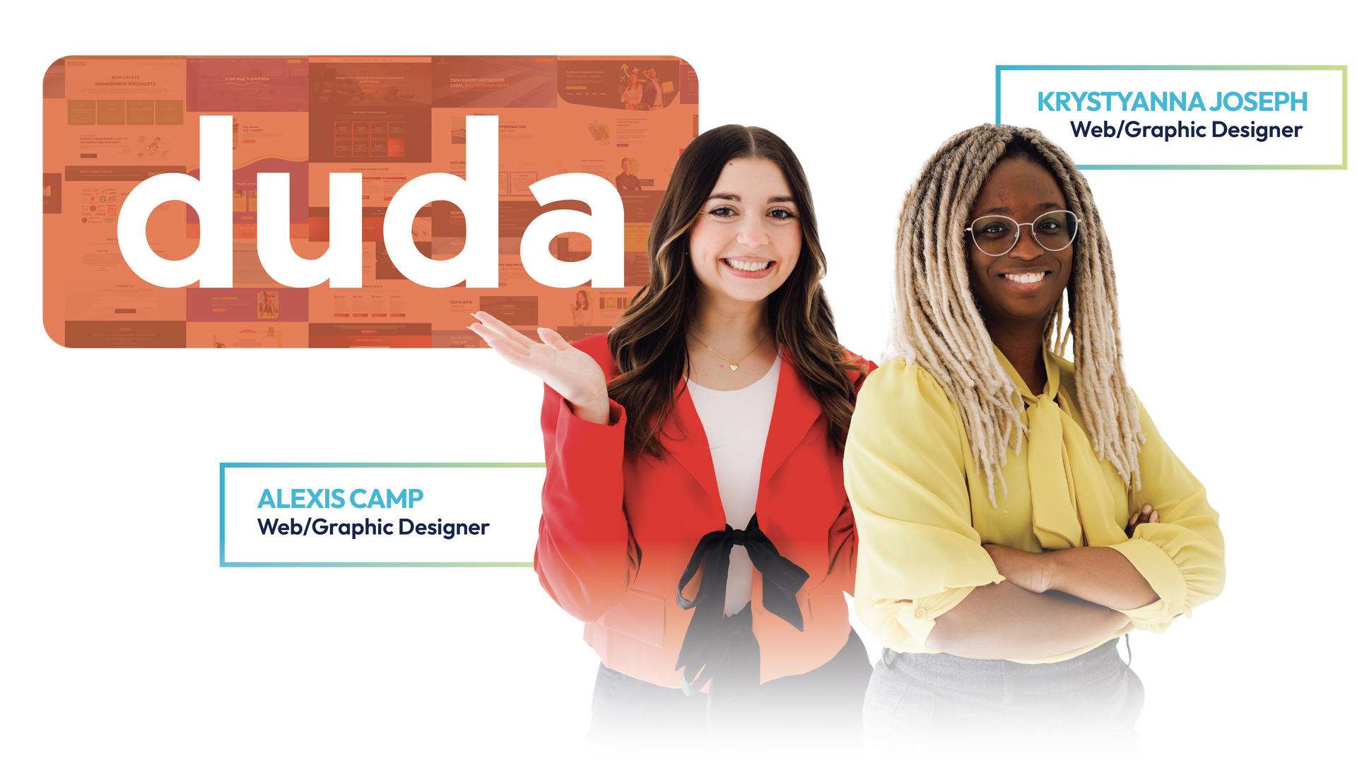 Duda website banner with two smiling people and contact labels on an orange-white background