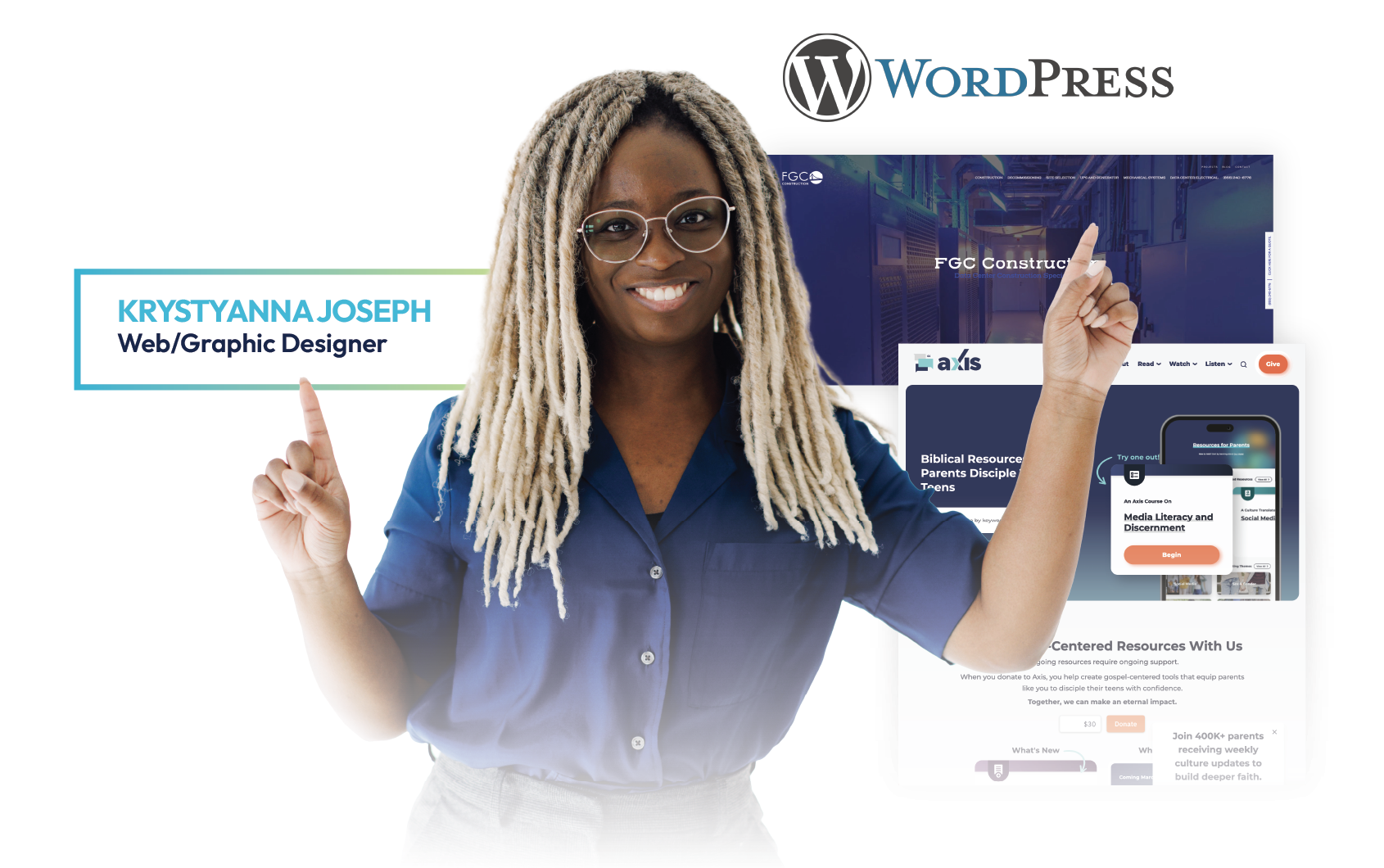 Woman in blue shirt presenting WordPress website mockups with her name and title on a clean white background