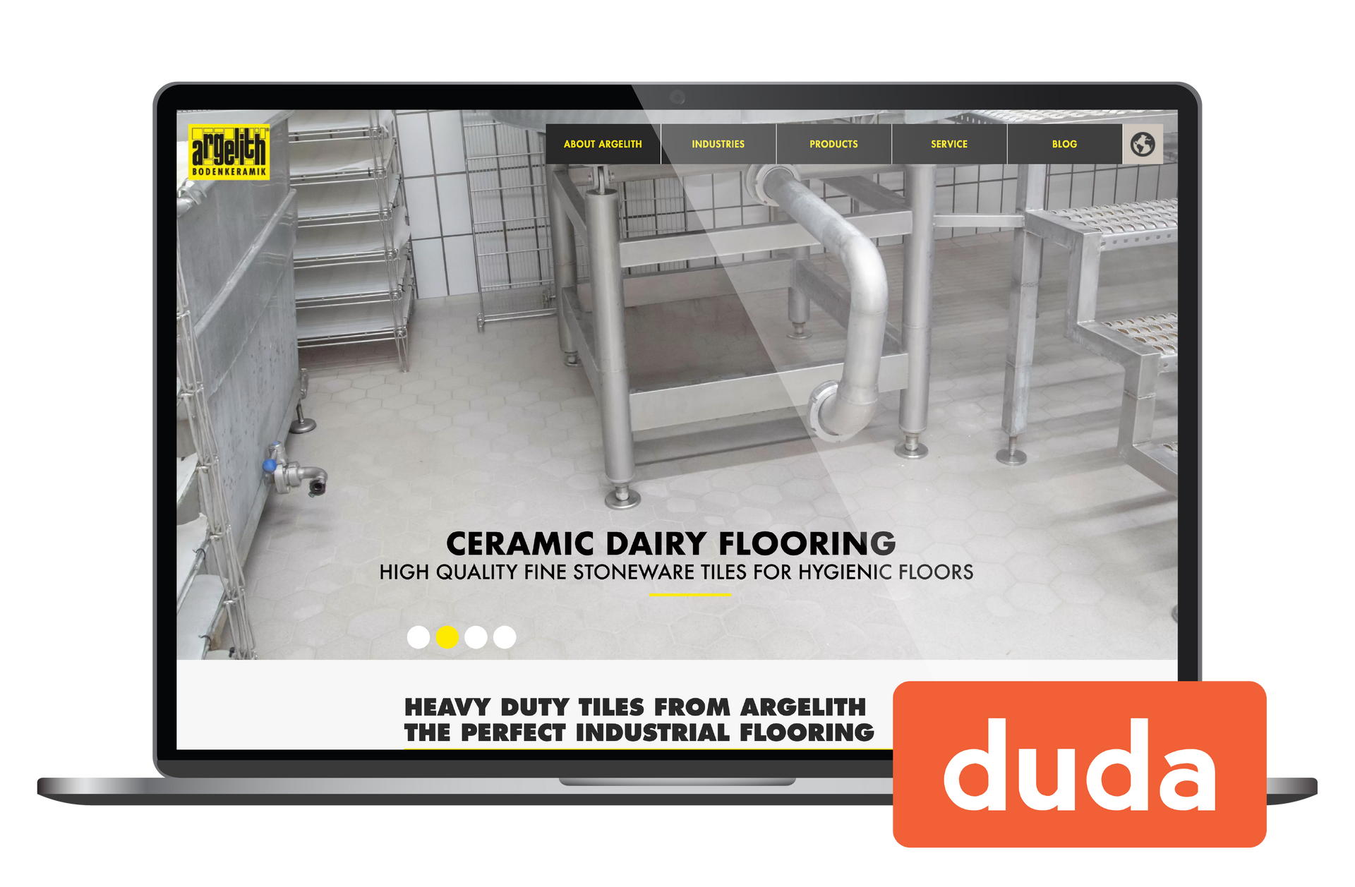 Website screenshot of ceramic dairy flooring with industrial dairy equipment and orange “duda” logo