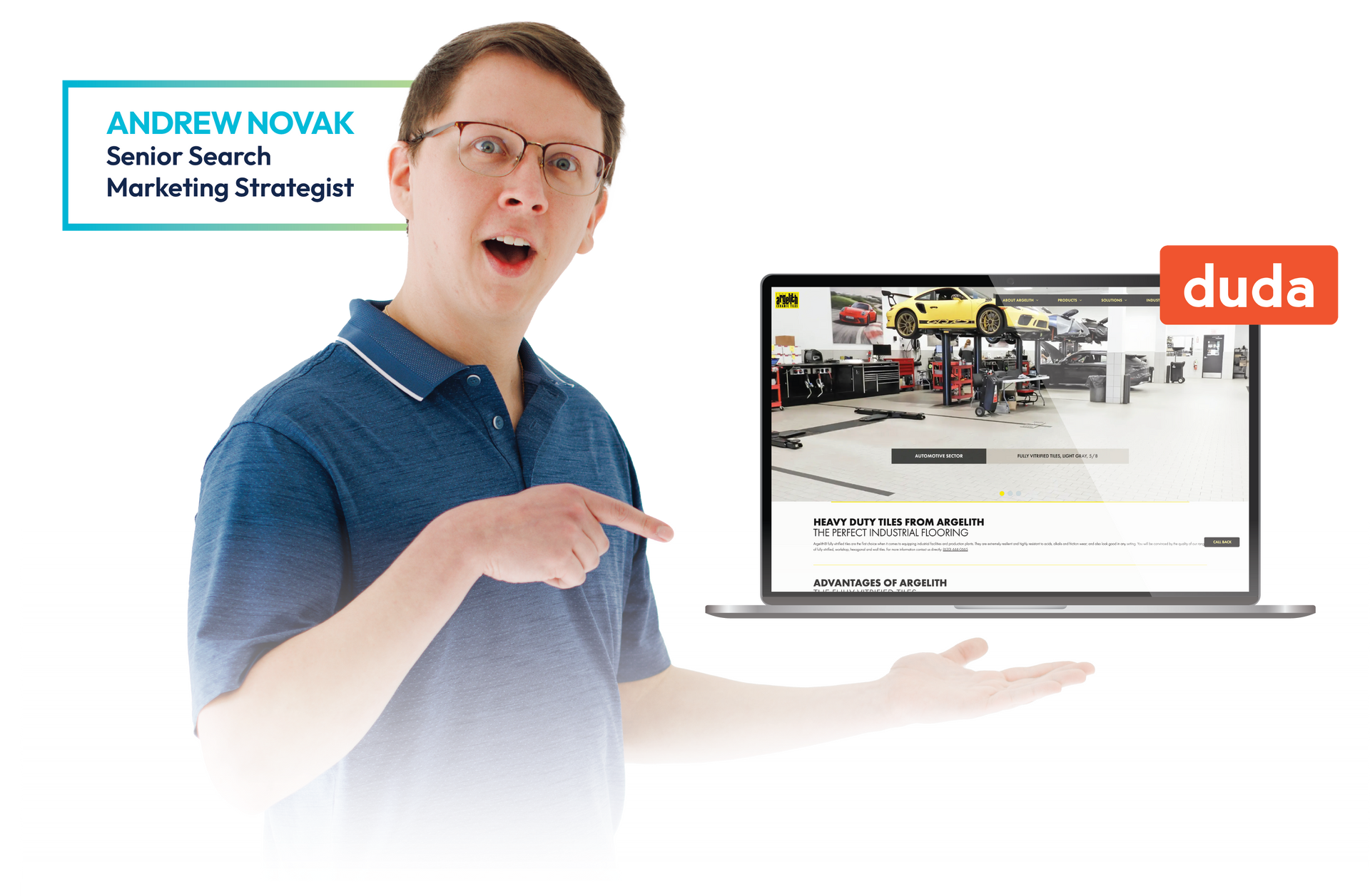 Man presenting laptop website mockup with Duda logo and name banner on white background