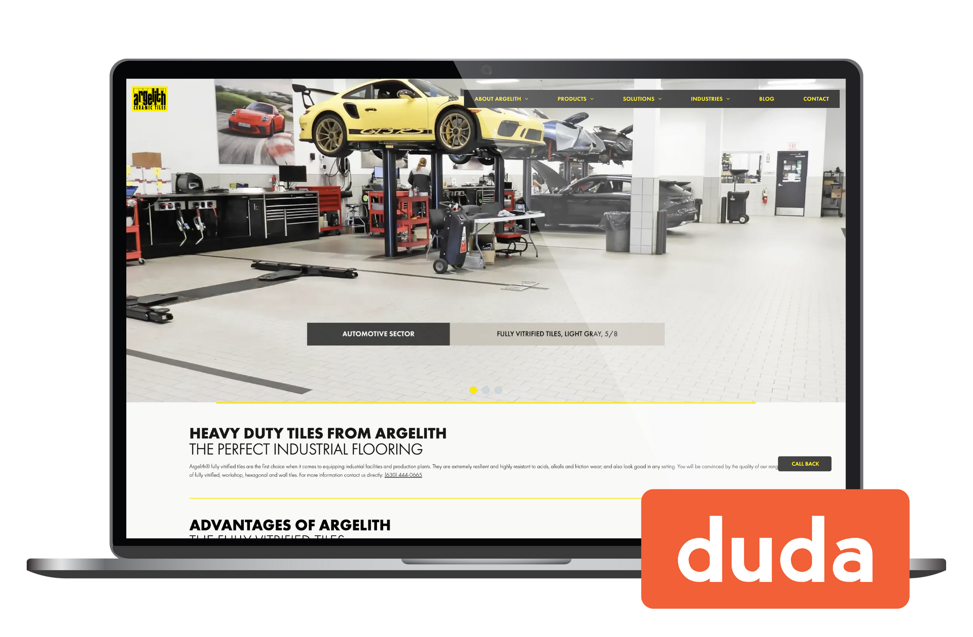 Automotive website mockup on a laptop with a car shop interior and orange Duda logo