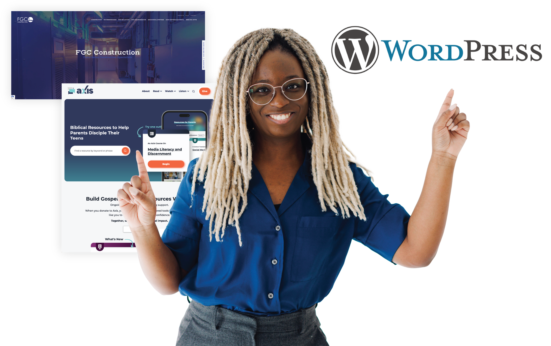 Woman pointing beside WordPress logo and website mockups on a white background