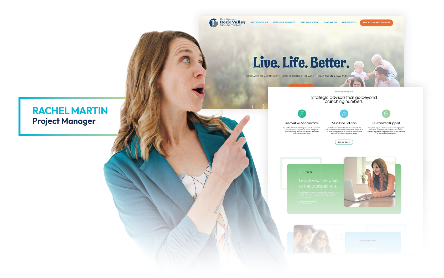 Woman pointing at a Bright Health website mockup with the slogan “Live. Life. Better.”