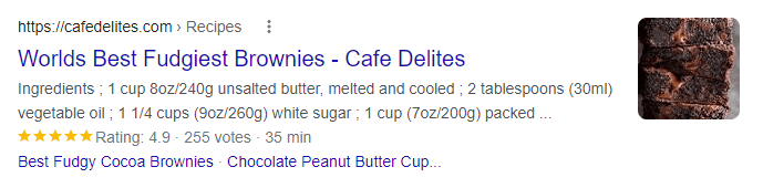 Google search result for “World’s Best Fudgiest Brownies – Cafe Delites,” with a brownie thumbnail and recipe snippet