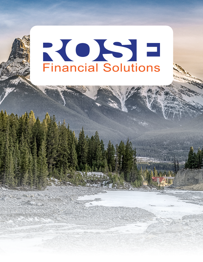 ROSE Financial Solutions logo over snowy mountain and pine forest landscape