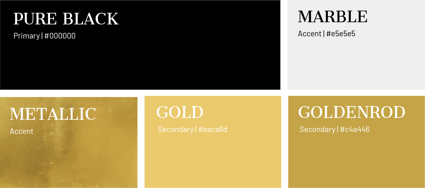 Color palette swatches labeled Pure Black, Marble, Metallic, Gold, and Goldenrod.