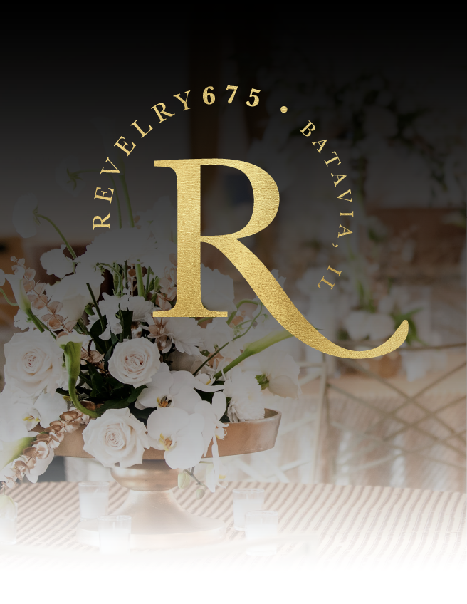 Gold “R” logo over white flowers; text reads “REVELRY 675 • BATAVIA” on a dark background