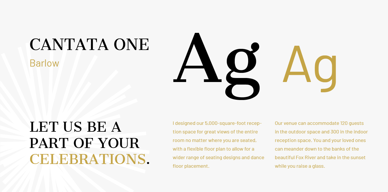 Elegant gold-and-black event invite with “CANTATA ONE” and “Let us be a part of your celebrations.”