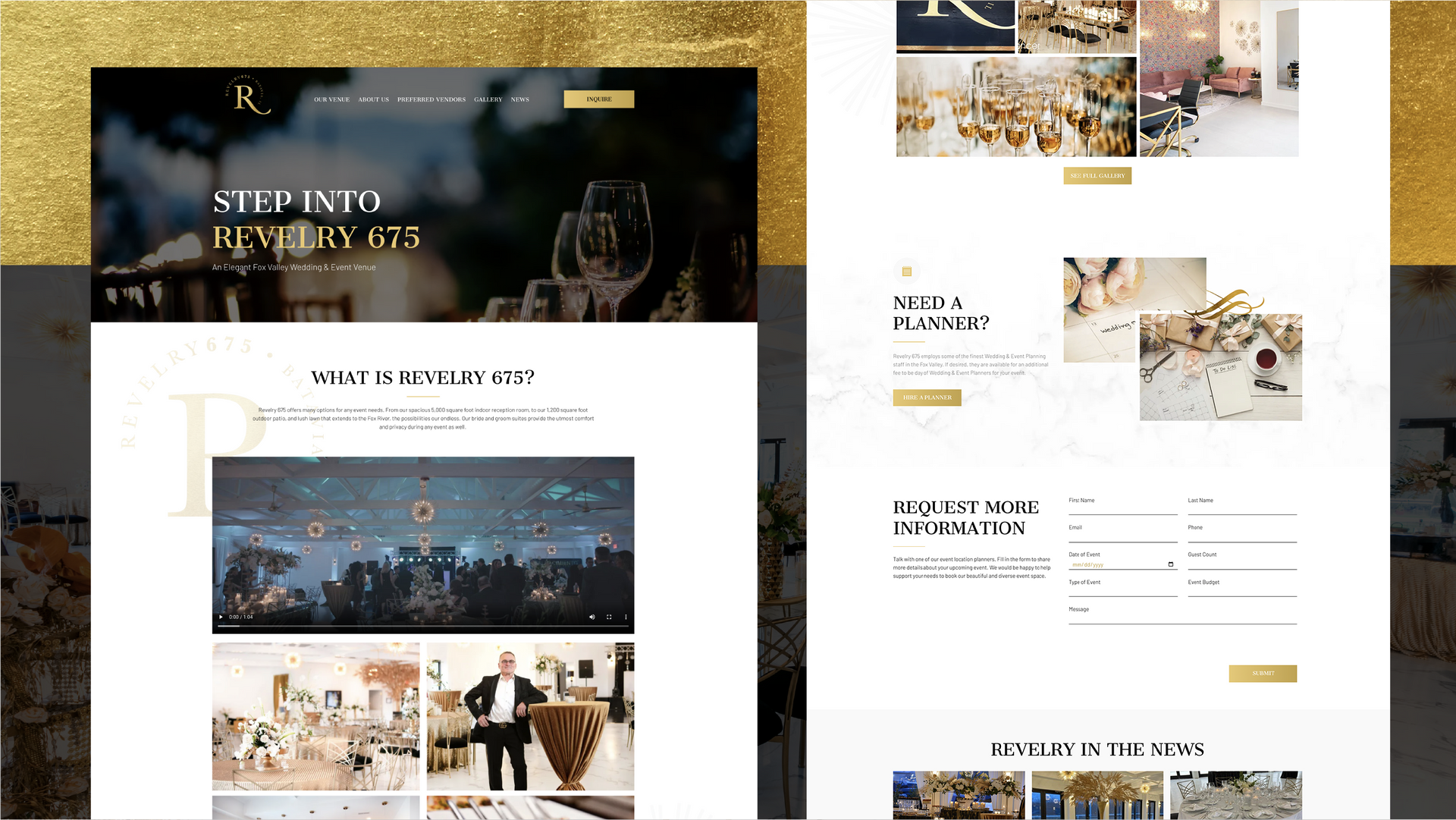 Two side-by-side website mockups with black, white, and gold accents, showing a photography portfolio and booking layout