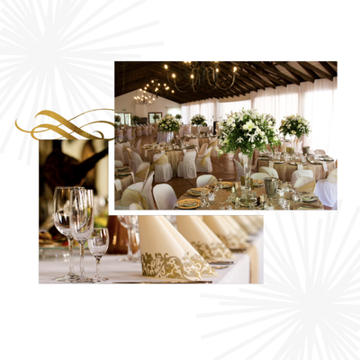 Elegant wedding reception setup with gold accents, floral centerpieces, and candlelit tables in a rustic venue