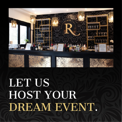 Elegant bar venue with gold accents and text: “Let us host your dream event.”