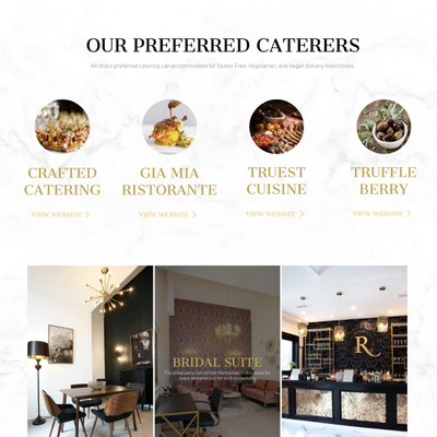 Preferred caterers layout featuring four restaurant logos and three hospitality interior photos