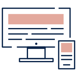 Desktop and mobile website layout mockup with navy lines and peach header blocks