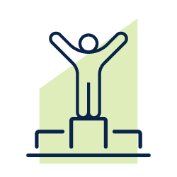 Stylized figure with arms raised on a podium, outlined in dark blue with a light green background.