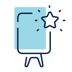 Blue presentation board with a star badge and small sparkles on a stand