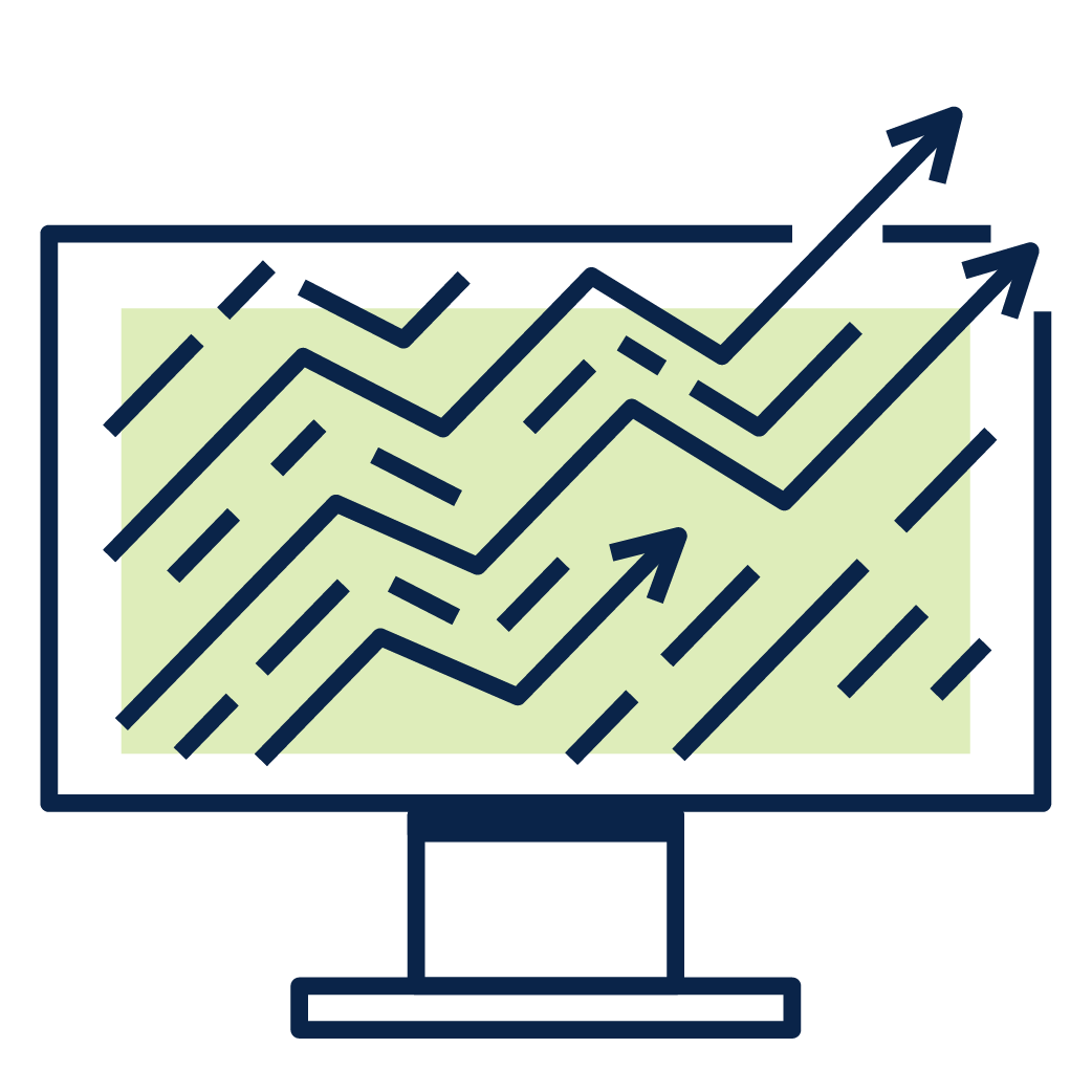 Desktop monitor with upward-trending line charts in navy on a light green screen