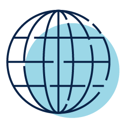 Stylized blue globe icon with dark navy latitude and longitude lines